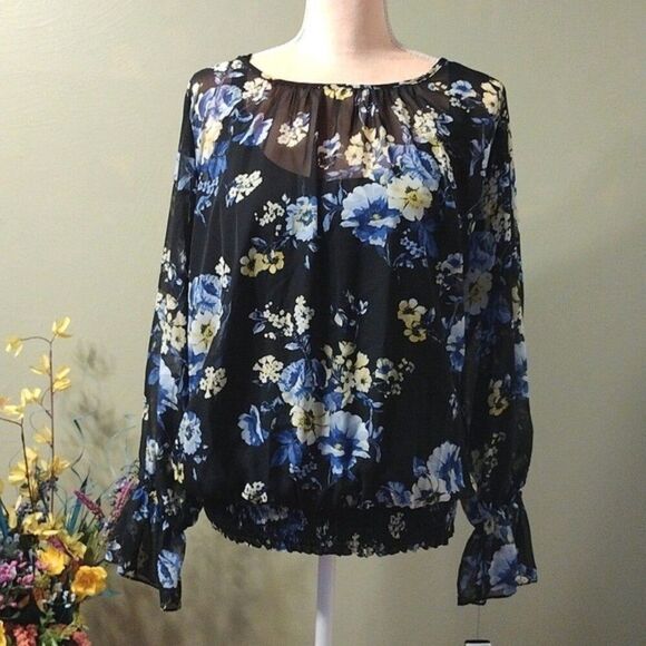 AGB Black Blue Floral Double Layered Smocked Hem Blouse XL  NWT - Picture 1 of 12